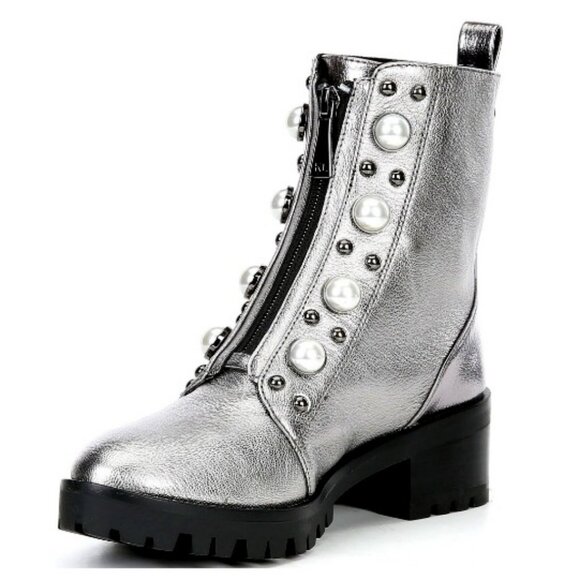 New KARL LAGERFELD Payden Ankle Boot Silver Leather Pearl Embellishment 6 $275